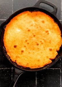 Baked cake in cast iron skillet.