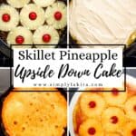 Four photos of the process to make cake on pin with text overlay.