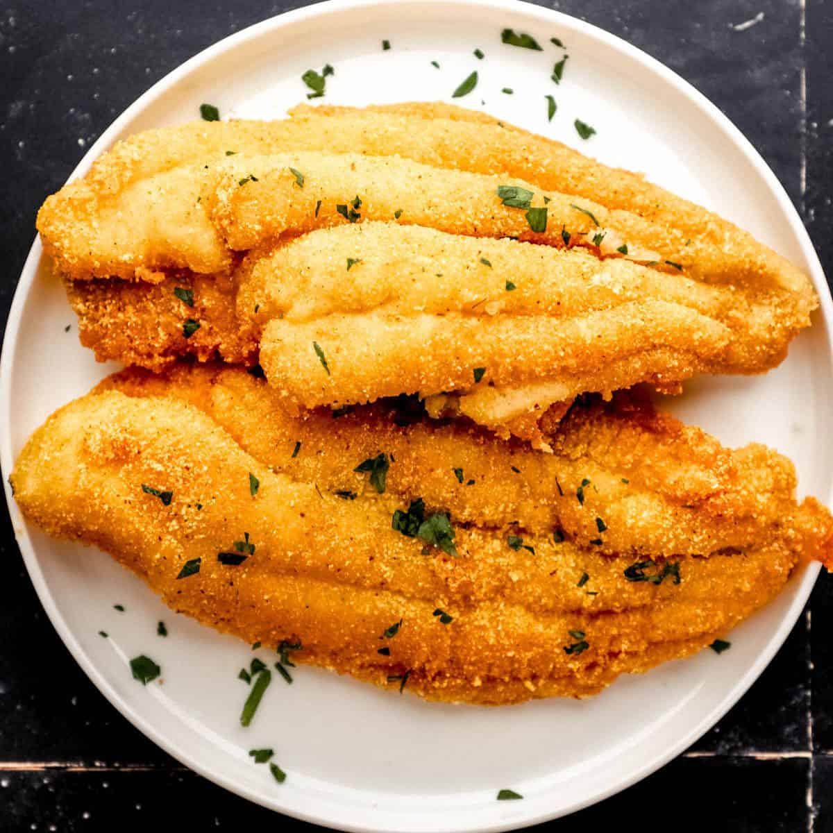Overhead view of two pieces of fried catfish on white plate topped with parsley.