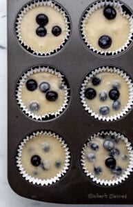 Unbaked muffin batter added to muffin liners in pan before baking.