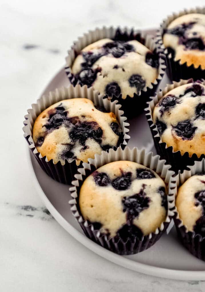 Close up front view of muffin on white plate.