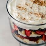 Close up view of trifle topped with whipped topping and ground cinnamon.