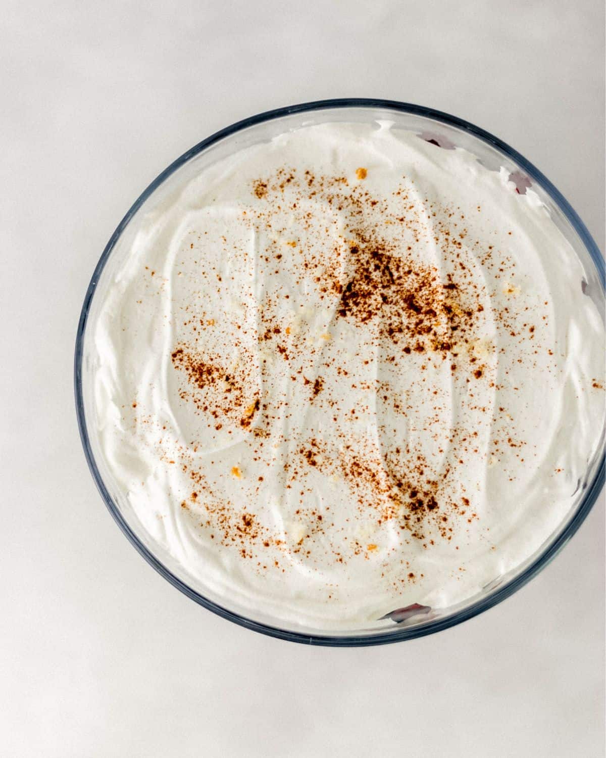 Overhead view of finished trifle topped with ground cinnamon. 