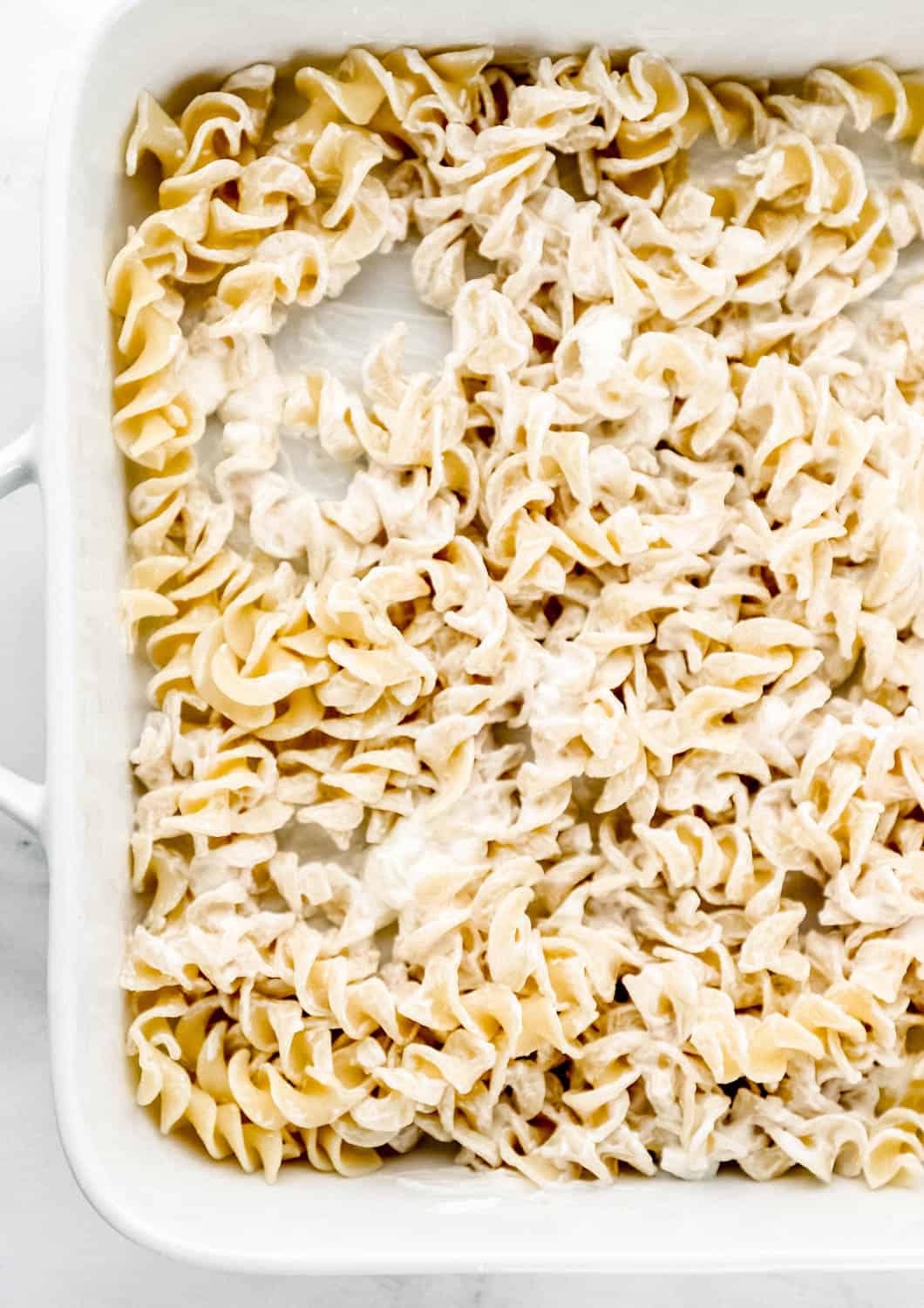 Cooked egg noodles and cream cheese sauce added to white baking dish. 