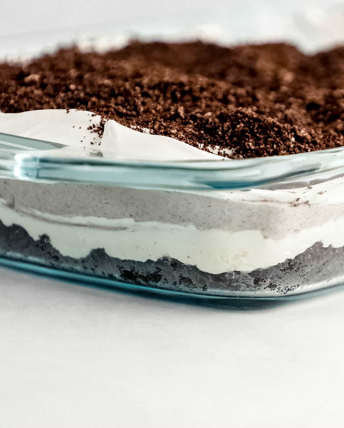 Close up side view of the finished delight in a glass dish. 