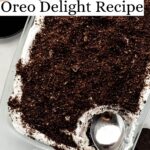 Overhead view of finished dessert in glass dish with some taken out of in on pin with text overlay.