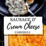Two photos of finished casserole on pin with text overlay.