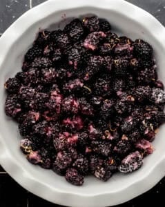 Blackberry filling mixture added to deep dish pie dish.