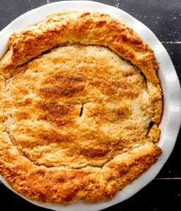 Overhead view of baked blackberry cobbler.
