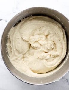 Pound cake mixer in stand mixer bowl.
