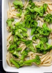 Baking dish with cooked pasta and broccoli in it.