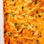 Close up view of pasta in white baking dish topped with parsley.
