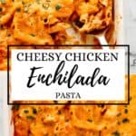 Two photos of finished pasta in white baking dish on pin with text overlay.