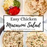 Four process photos to make macaroni salad on pin with text overlay.