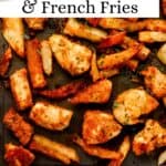 Chicken and fries on sheet pan on pin with text overlay.