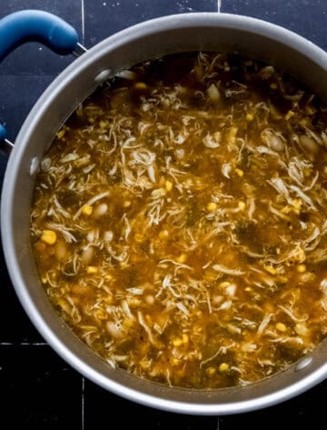 Chicken added to stock pot with the other chili ingredients.