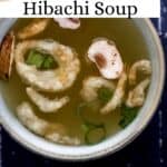 Close up overhead view of bowl of soup on pin with text overlay.