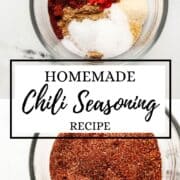 Two photos of spices to make chili blend in glass bowl on pin with text overlay.