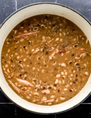 Overhead view of dutch oven of finished black eyed peas.