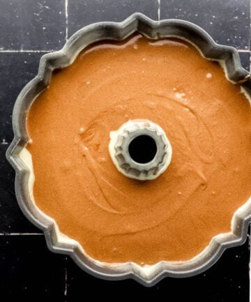 Pound Cake mixture added to bundt pan.