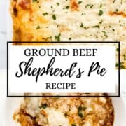 Two photos of finished shepherd's pie on pin with text overlay.