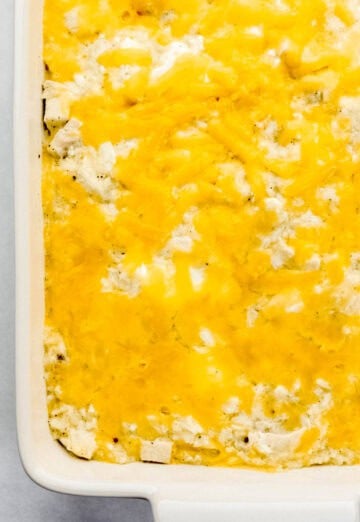 Baked casserole in white baking dish.