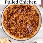 Overhead view of finished chicken in white dutch oven on pin with text overlay.
