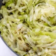 Close up view of finished cabbage in a skillet.