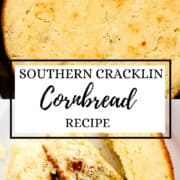 Two finished photos of cornbread on pin with text overlay.