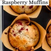 Overhead view of finished muffins in pan on top of liners on pin with text overlay.