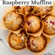 Overhead view of finished muffins on large white plate on pin with text overlay.