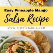 Two photos of finished salsa on pin with text overlay.