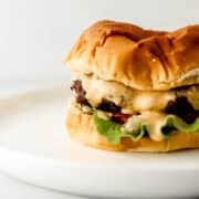 Close up side view of burger with sauce on a plate.