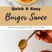 Two photos of finished sauce in jar and on bun on pin with text overlay.