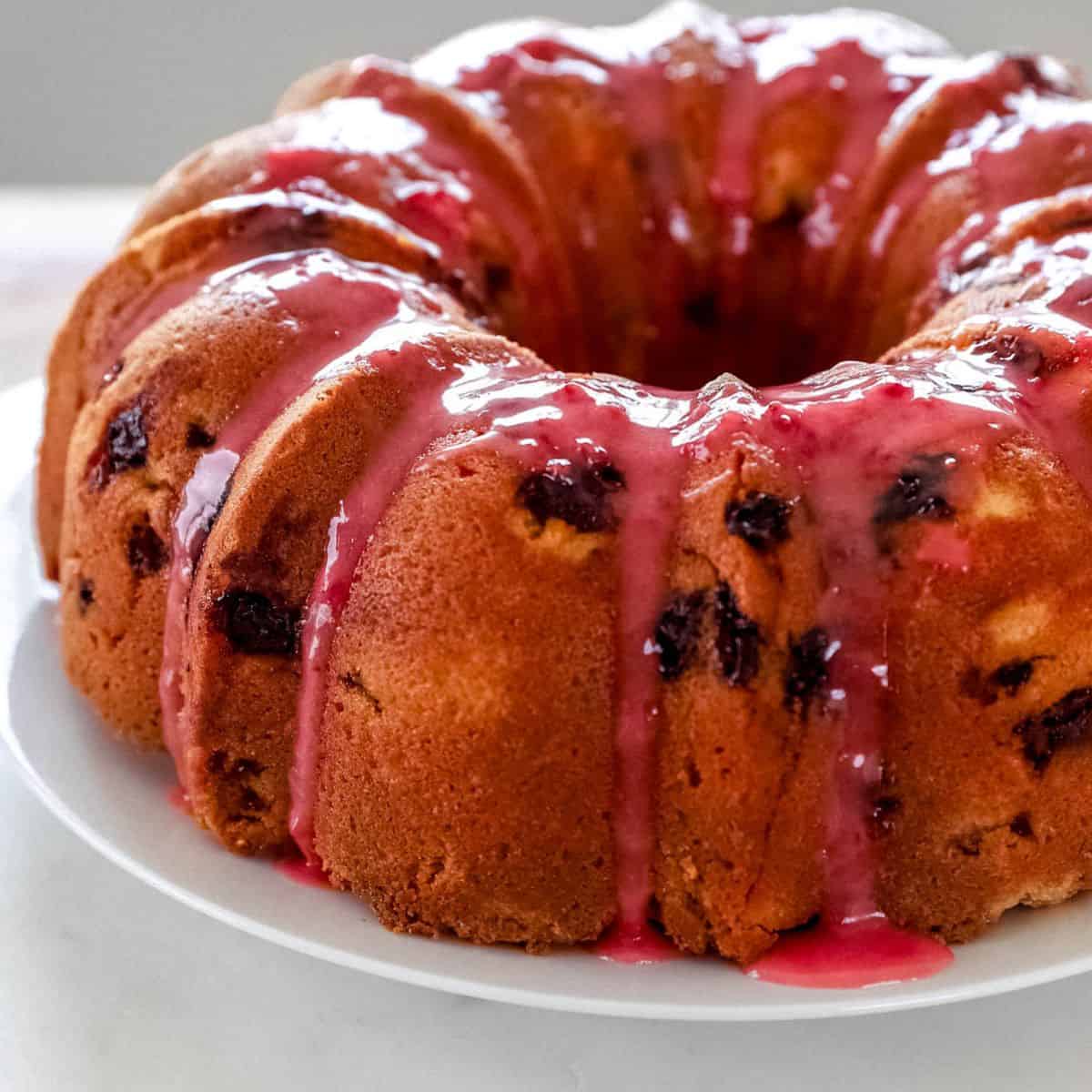 Close up side view of pound cake on white plate.