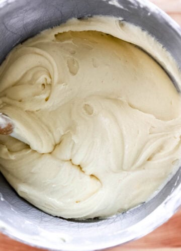 Cake batter in stand mixer bowl.