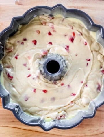 Cake batter added to bundt pan.