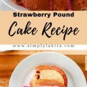 Two photos of finished pound cake on white plate on pin with text overlay.