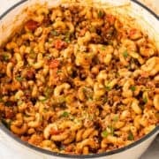 Close up view of pot of goulash on pin with text overlay.