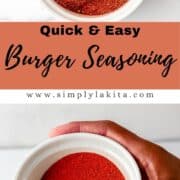 Two photos of small white bowls with seasoning in it on pin with text overlay.