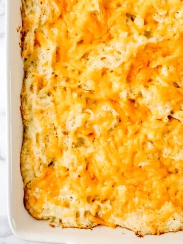 Close up overhead view of baked casserole.