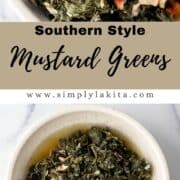 Two photos of finished greens in white bowl on pin with text overlay.