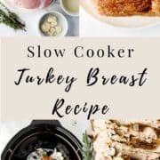 Four process photos to make turkey breast on pin with text overlay.