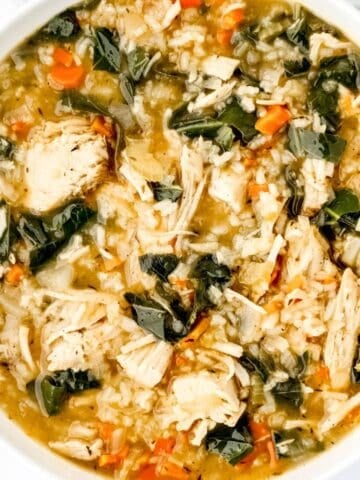 Overhead view of bowl of finished soup.