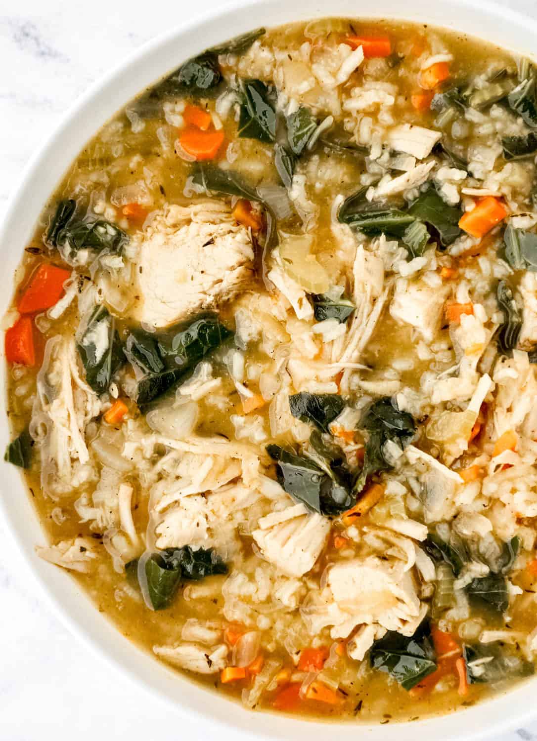 Overhead view of finished bowl of soup.