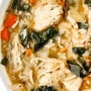 Close up photo of finished bowl of soup on pin with text overlay.