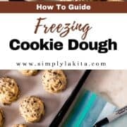 Two photos of scooped cookie dough on pin with text overlay.