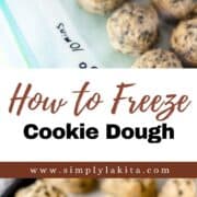 Two photos of cookie dough in bag and on sheet pan on pin with text overlay.