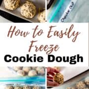 Four process photos to freeze cookie dough on pin with text overlay.
