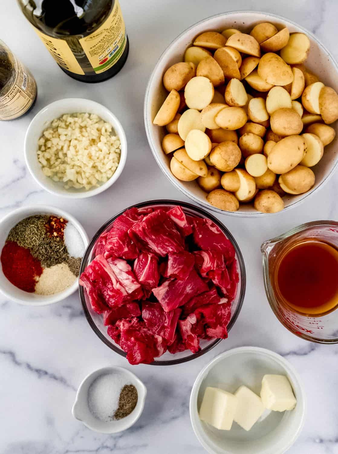Overhead view of ingredients needed to make recipe in separate bowls.